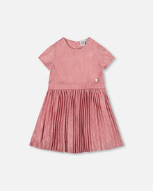 Robe Courte Manches Courtes avec Jupe Plissée Rose Poudré