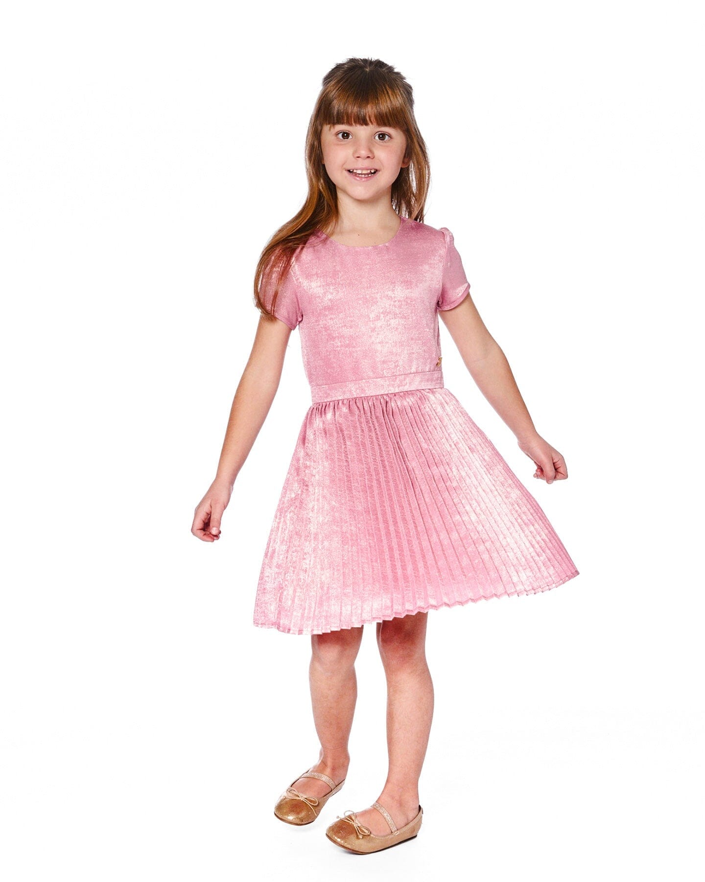 Robe Courte Manches Courtes avec Jupe Plissée Rose Poudré