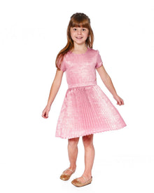 Robe Courte Manches Courtes avec Jupe Plissée Rose Poudré