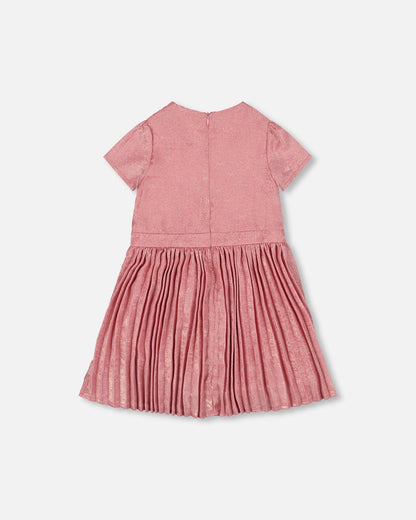 Robe Courte Manches Courtes avec Jupe Plissée Rose Poudré
