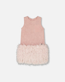 Robe sans manches bi-matière lurex avec plumes rose clair