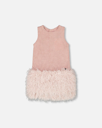 Sleeveless Bi-Material Lurex Dress With Feathers Light Pink