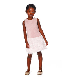 Robe sans manches bi-matière lurex avec plumes rose clair