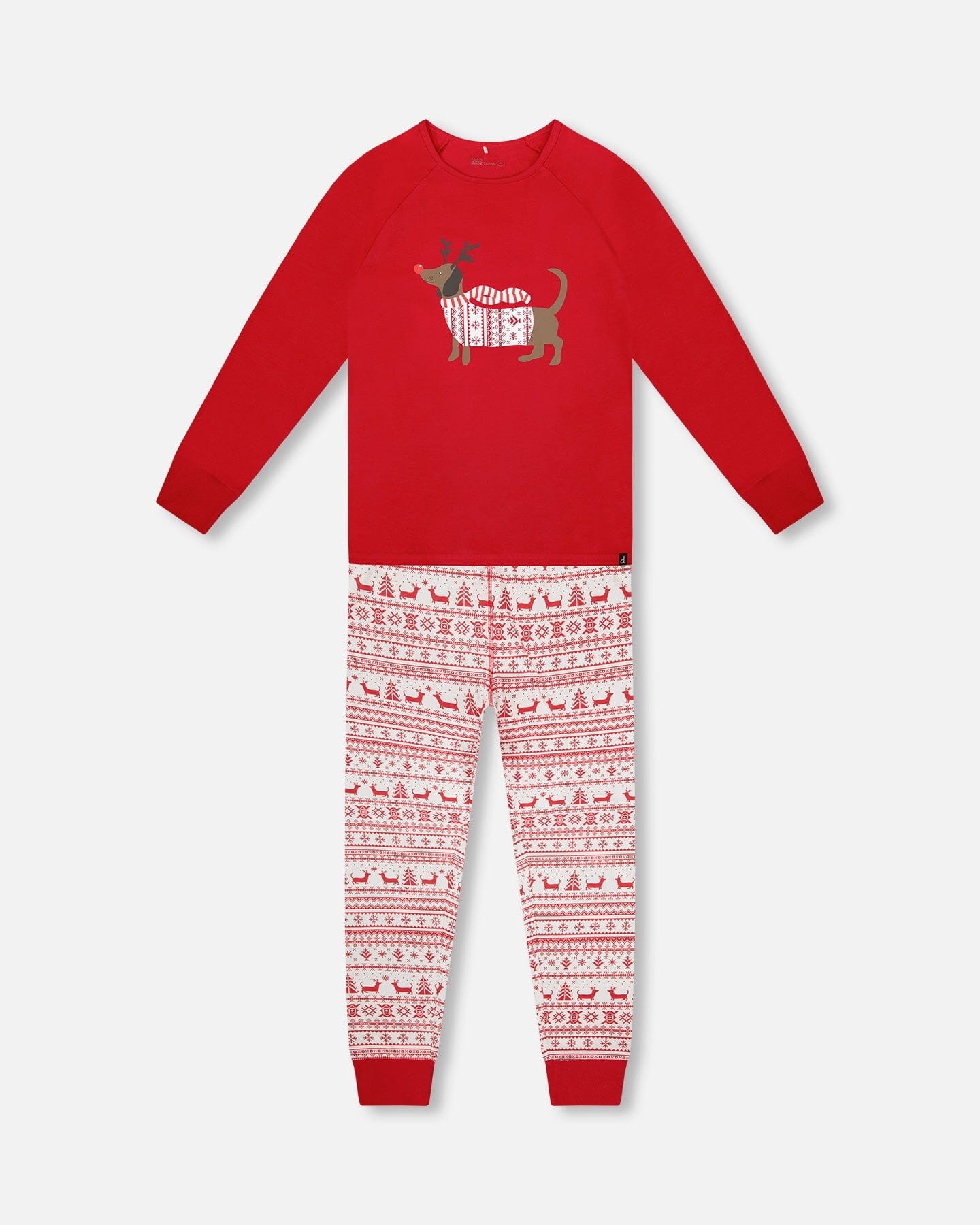 Pyjama deux pièces en coton biologique pour femme - motif Fairisle rouge et blanc
