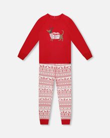 Pyjama deux pièces en coton biologique pour femme - motif Fairisle rouge et blanc