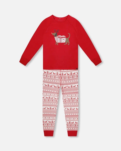 Pyjama deux pièces en coton biologique pour femme - motif Fairisle rouge et blanc