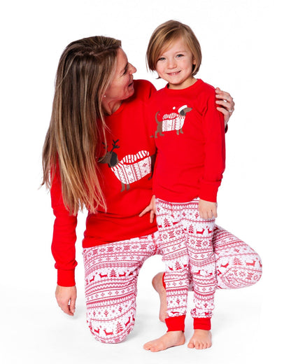 Pyjama deux pièces en coton biologique pour femme - motif Fairisle rouge et blanc