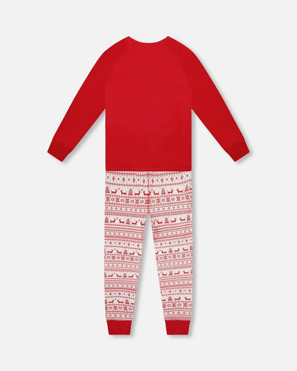 Pyjama deux pièces en coton biologique pour femme - motif Fairisle rouge et blanc