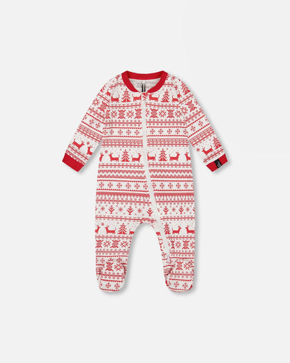 Pyjama une pièce bébé en coton biologique motif Fairisle rouge et blanc