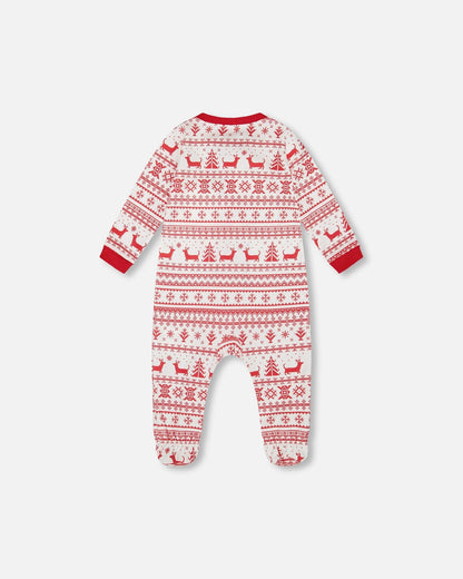 Pyjama une pièce bébé en coton biologique motif Fairisle rouge et blanc
