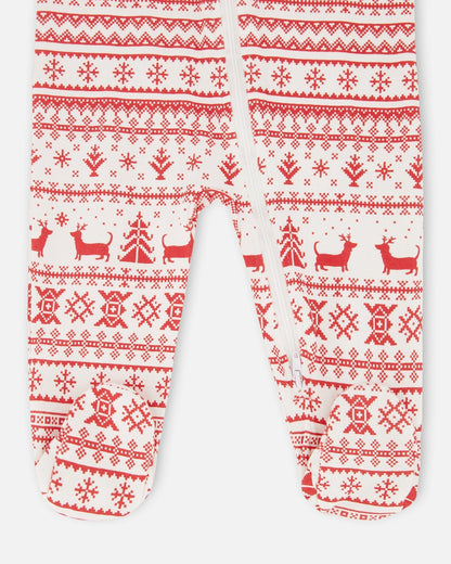 Pyjama une pièce bébé en coton biologique motif Fairisle rouge et blanc