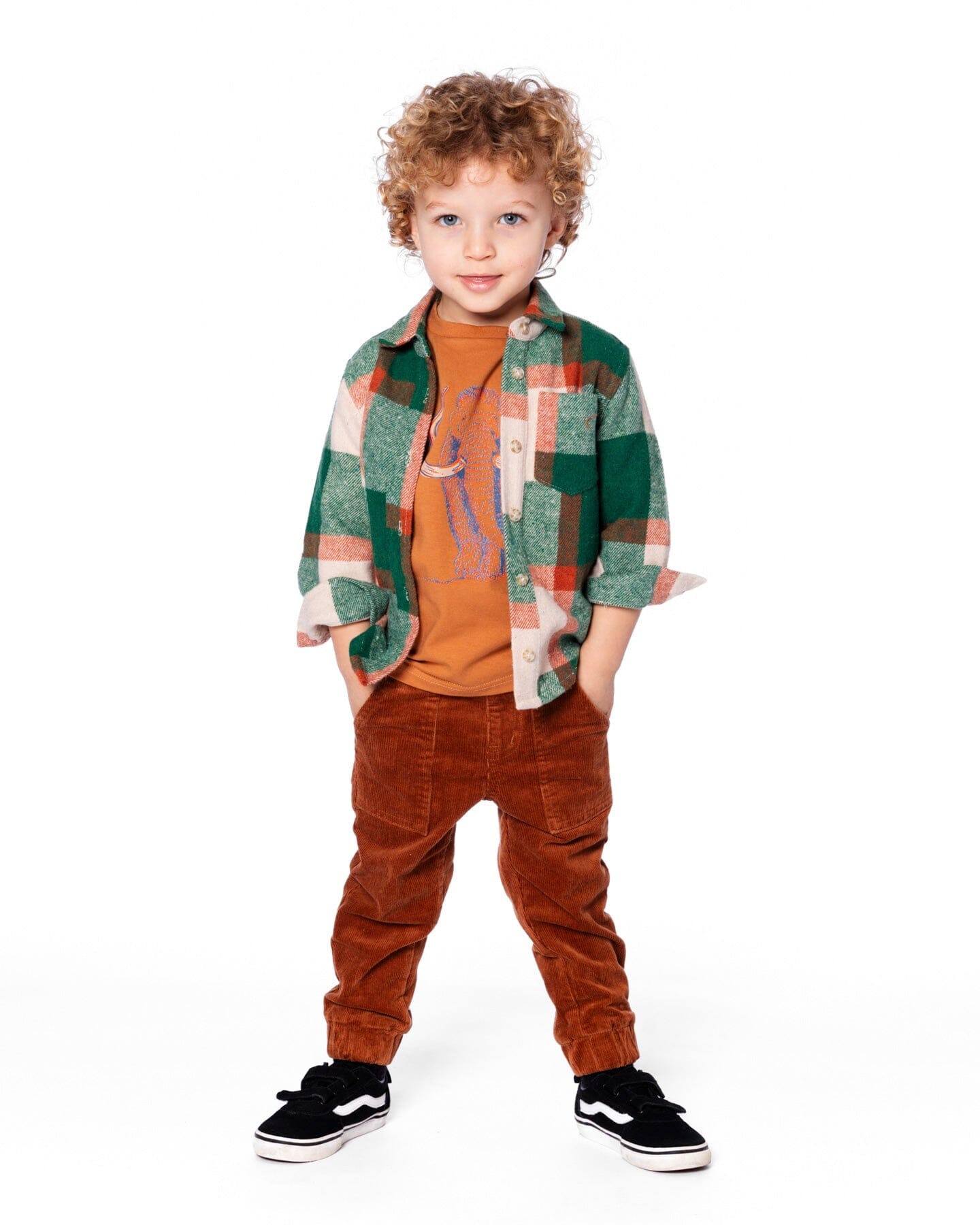 Long Sleeve Yarn Dyed Plaid Shirt Green And Orange