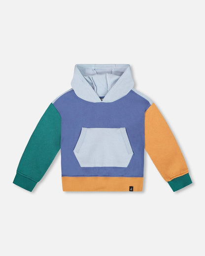 Long Sleeve Colorblocked Hooded Fleece Sweatshirt Blue