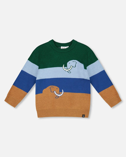 Pull en maille à manches longues bleu, vert et marron