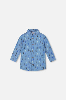 Chemise en chambray bleue imprimée à manches longues et boutonnée devant