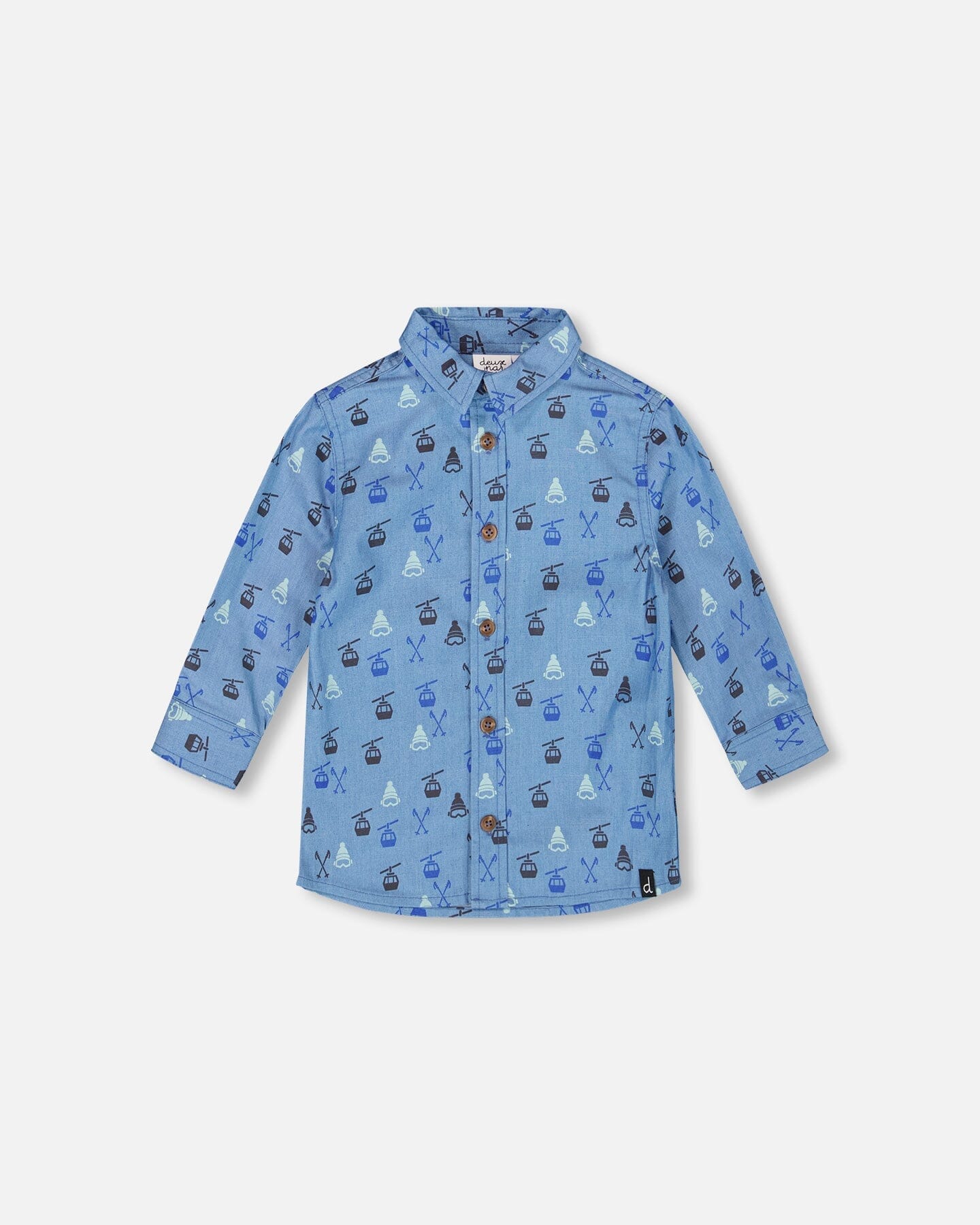 Chemise en chambray bleue imprimée à manches longues et boutonnée devant