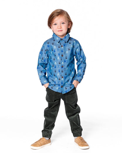 Chemise en chambray bleue imprimée à manches longues et boutonnée devant