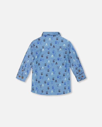 Chemise en chambray bleue imprimée à manches longues et boutonnée devant