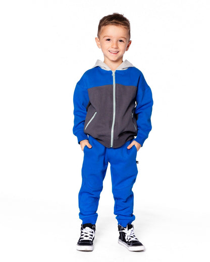 Sweat à Capuche Polaire Zippé à Blocs de Couleurs Gris Foncé