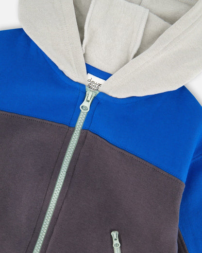Sweat à Capuche Polaire Zippé à Blocs de Couleurs Gris Foncé