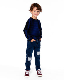 T-shirt rayé noir en jersey brossé à manches longues