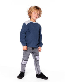 Haut côtelé doux à manches longues avec empiècements aux coudes bleu marine