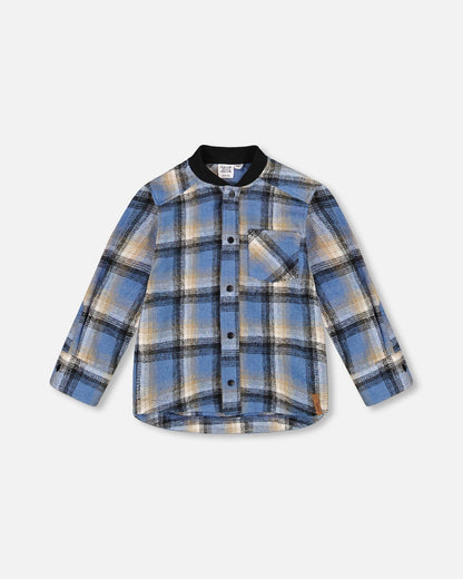 Chemise boutonnée à carreaux brossée à manches longues avec col côtelé
