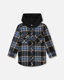 Chemise à Capuche en Flanelle Manches Longues Bleu et Noir