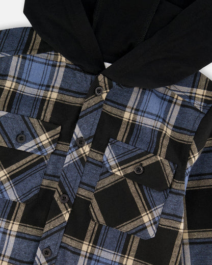 Long Sleeve Hooded Flannel Shirt Blue And Black
