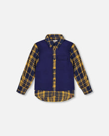 Long Sleeve Plaid Flannel Shirt With Solid Vest Blue And Ocher