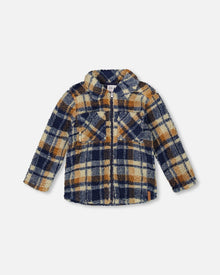 Surchemise Sherpa À Manches Longues Zippée Carreaux Bleus Et Marron