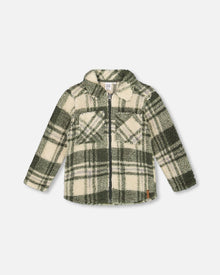Surchemise sherpa à manches longues zippée motif écossais sauge et beige