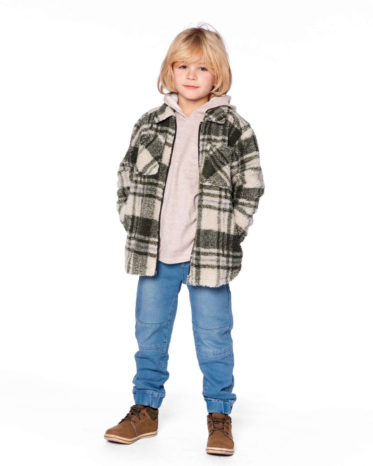 Sherpa Long Sleeve Zip Front Overshirt Sage And Beige Plaid
