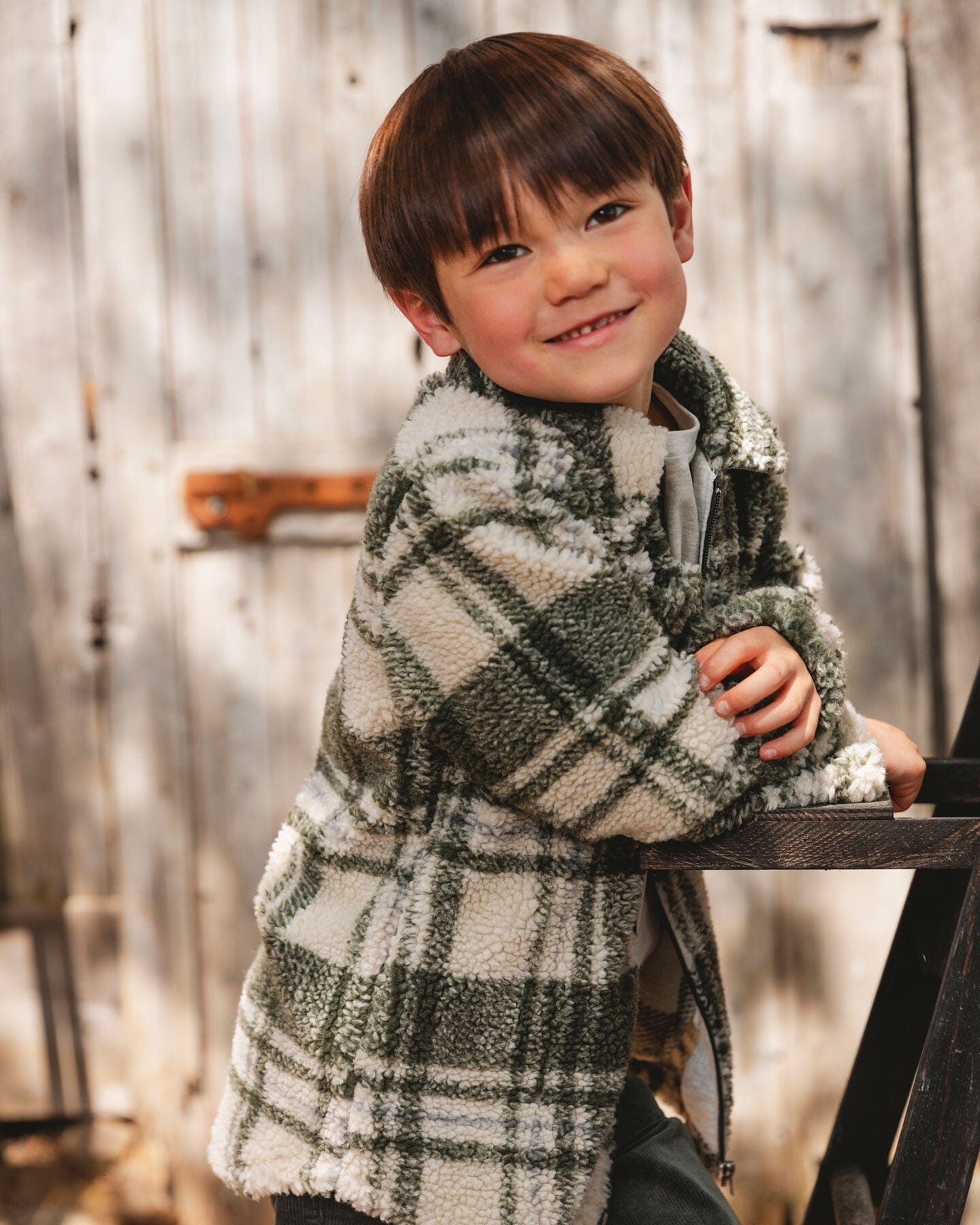 Sherpa Long Sleeve Zip Front Overshirt Sage And Beige Plaid