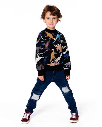 Pullover Fleece Sweatshirt Black Dinosaur Print
