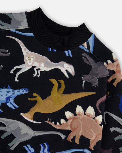 Pullover Fleece Sweatshirt Black Dinosaur Print