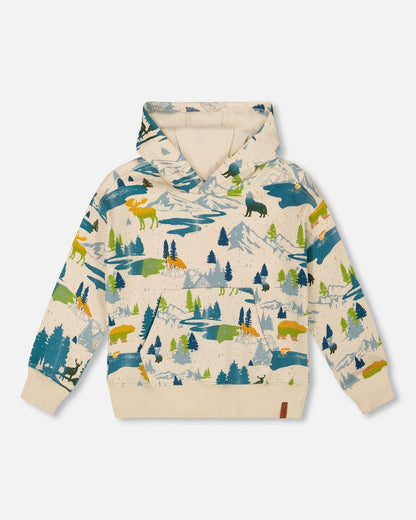 Sweat-shirt à capuche polaire imprimé beige