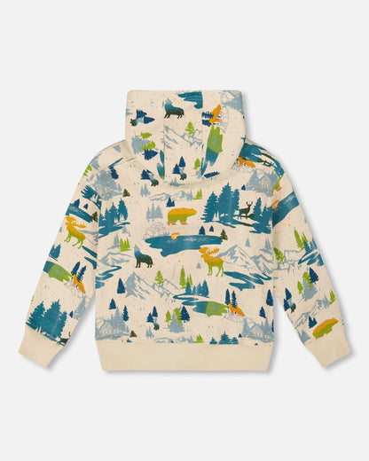 Sweat-shirt à capuche polaire imprimé beige