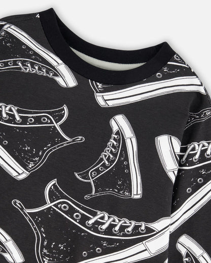 Long Sleeve Organic Cotton Allover Print Tee Black