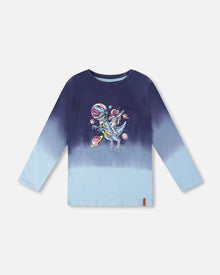 T-shirt en jersey de coton biologique à manches longues et dégradé de bleu