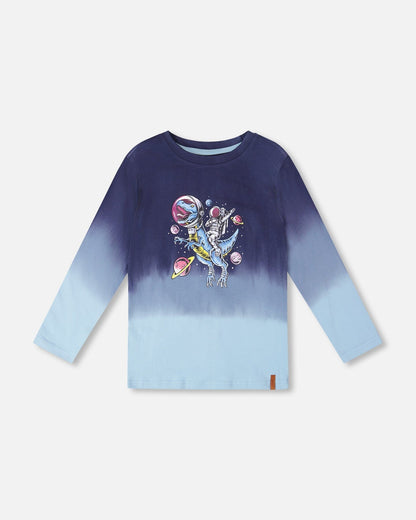 T-shirt en jersey de coton biologique à manches longues et dégradé de bleu