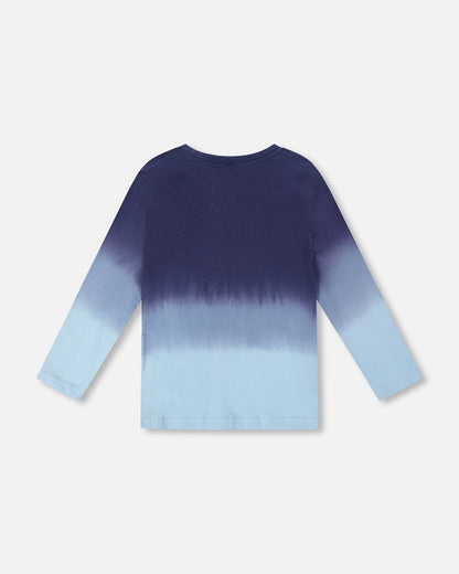 T-shirt en jersey de coton biologique à manches longues et dégradé de bleu