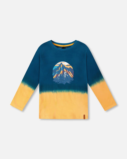 T-shirt en jersey de coton biologique à manches longues et dégradé bleu-vert foncé