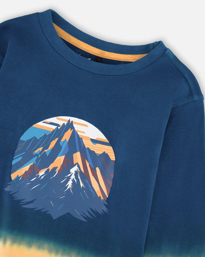 T-shirt en jersey de coton biologique à manches longues et dégradé bleu-vert foncé