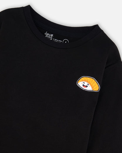Long Sleeve Jersey Tee Shirt Black With Print Back & Front