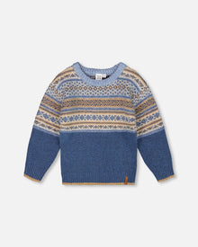 Pull jacquard norvégien bleu et crème