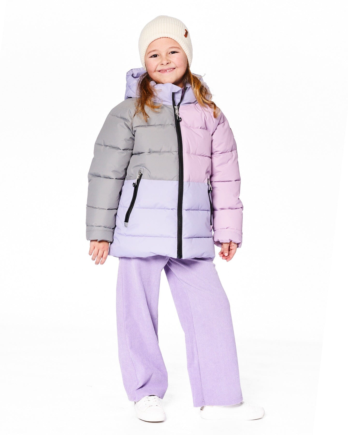 Manteau d'hiver matelassé colorblock violet et gris