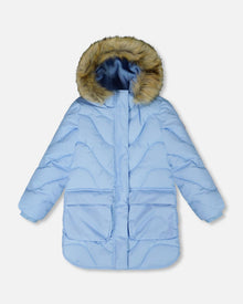 Long Wavy Quilt Puffy Winter Coat Powder Blue
