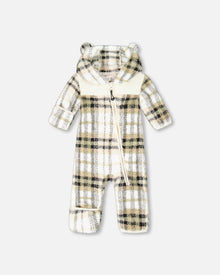 Vêtements d'extérieur une pièce en peluche à carreaux noirs et beiges mi-saison pour bébé