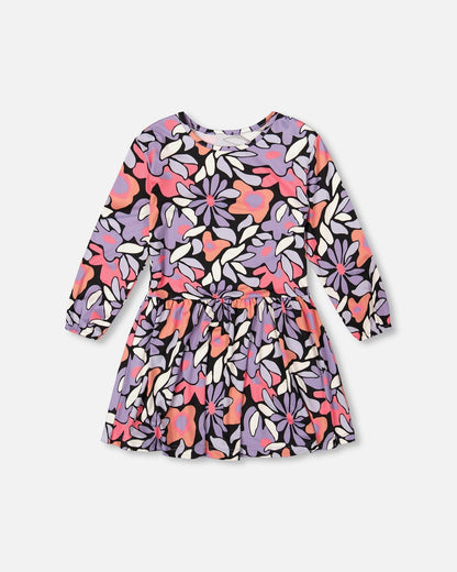 Jersey Dress Black Retro Flower Print